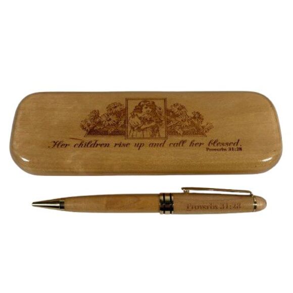 Bamboo Wooden Wood Ballpoint Pen + Case Engraved Proverbs 31:28 Scripture Verse - Picture 1 of 16
